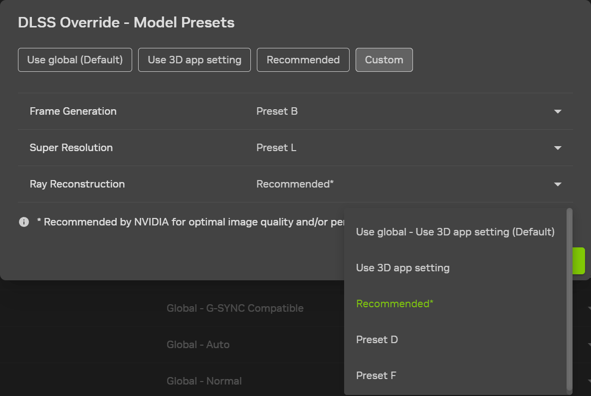 dlss 4 5 ray reconstruction nvidia app override model selection
