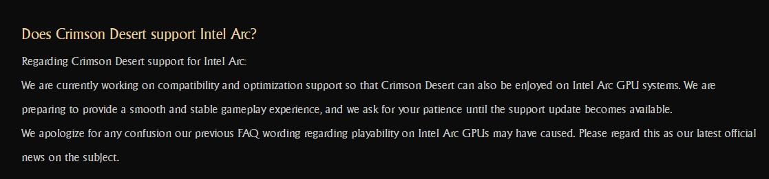 Pris en charge solutions Arc pour Crimson Desert dans la FAQ actuelle [cliquer pour agrandir]