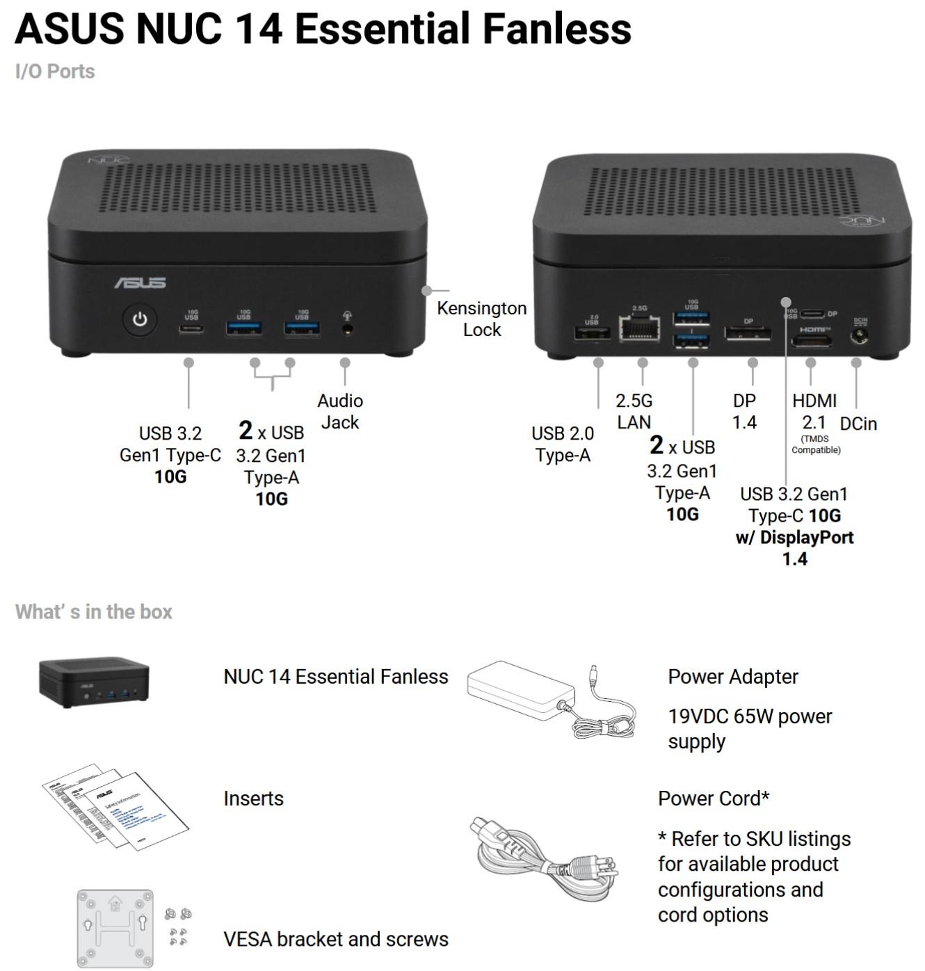 NUC 14 Essential Fanless I/O et contenu de la boîte