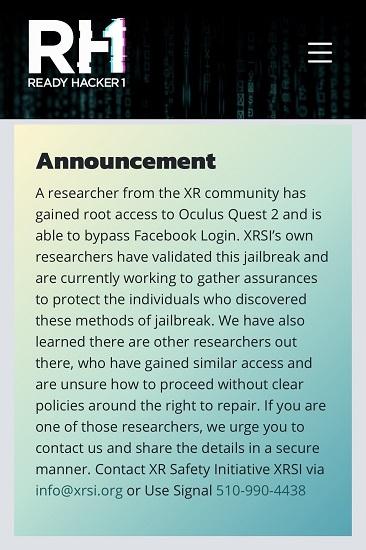 readyhackerone tweet jailbreak oculus quest 2