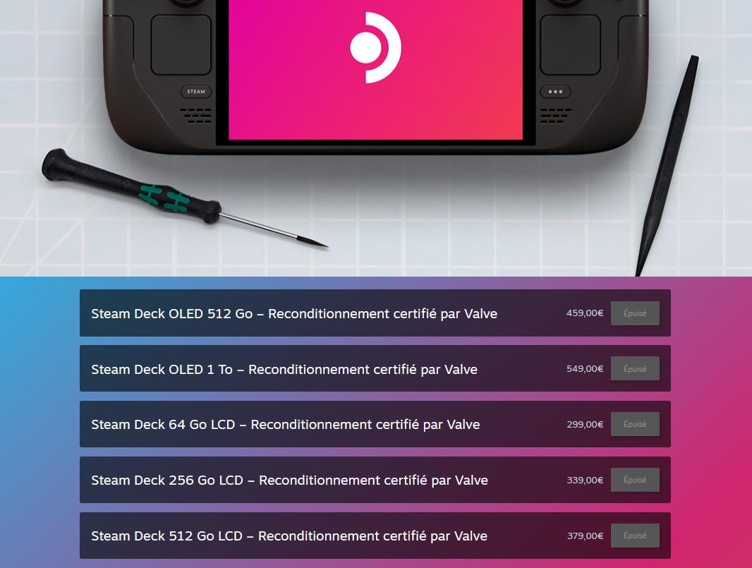 steam deck reconditionne france stocks 13 fevrier 2026
