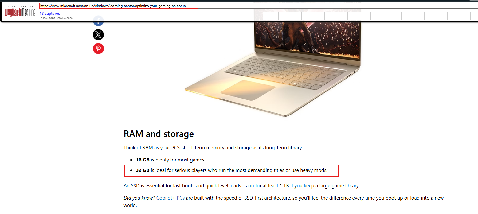 Microsoft efface ses articles vantant les 32 Go de RAM pour le gaming