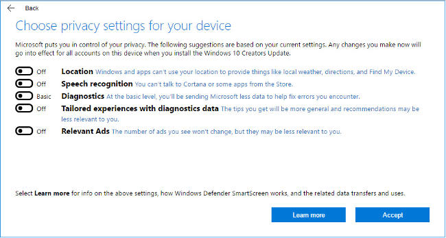 windows 10 creators privacy off