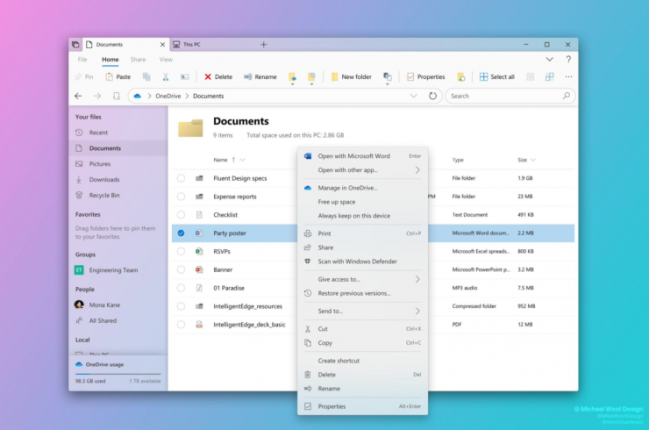 windows 10 file explorer fluent design concept