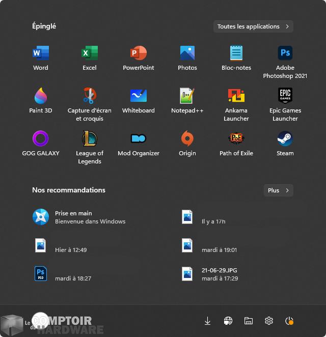 Windows 11 22000 : menu démarrer