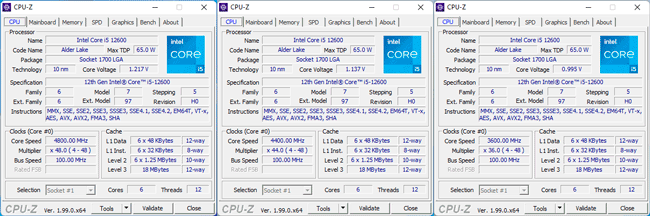 CPU-Z: Les fréquences du Core i5-12600 [cliquer pour agrandir]