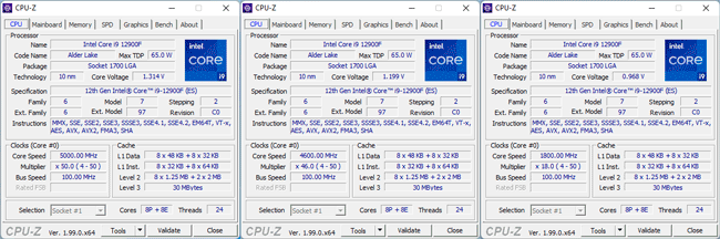 CPU-Z: Les fréquences du Core i9-12900F [cliquer pour agrandir]