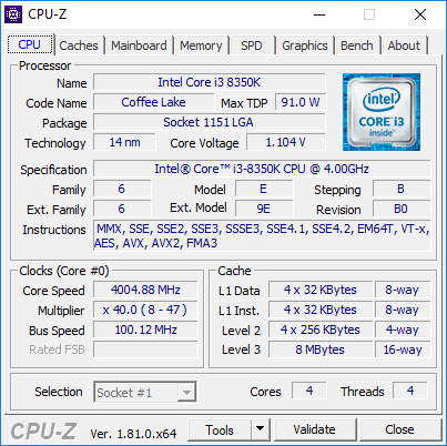 CPU-Z Core i3-8350K
