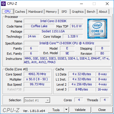 CPU-Z Core i3-8350K overclocké