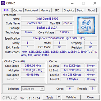 CPU-Z Core i5-8400 : 2 à 4 cœurs actifs 