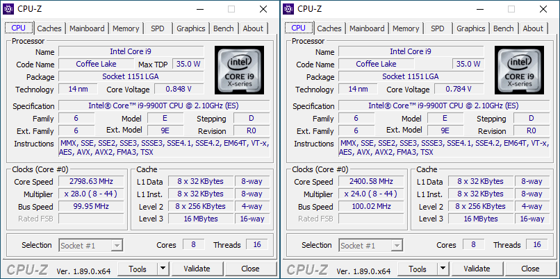 CPU-Z Core i9-9900T : PL1, PL2 & AVX