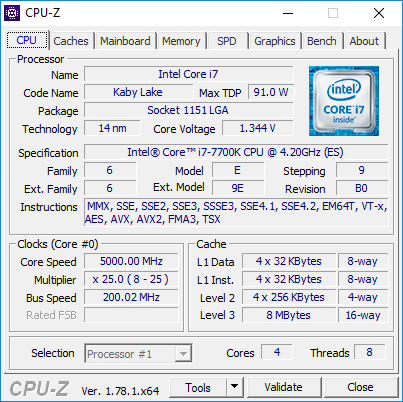 CPU-Z Core i5-7700K overclocké via bus
