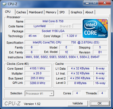 CPUZ Core i5-750 4,1GHz [cliquer pour agrandir]