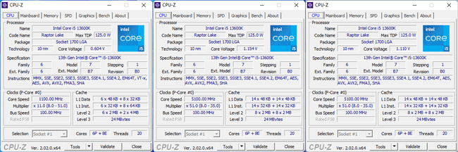 CPU-Z: Les fréquences du Core i5-13600K [cliquer pour agrandir]