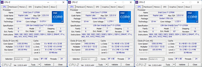 CPU-Z: Les fréquences du Core i7-13700K [cliquer pour agrandir]