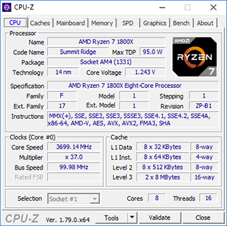 CPU-Z Ryzen 7 1800X : boost > 2 cœurs 