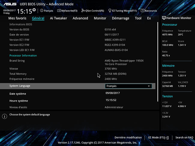 Mode Advanced UEFI de l'Asus Prime X399-A  [cliquer pour agrandir]