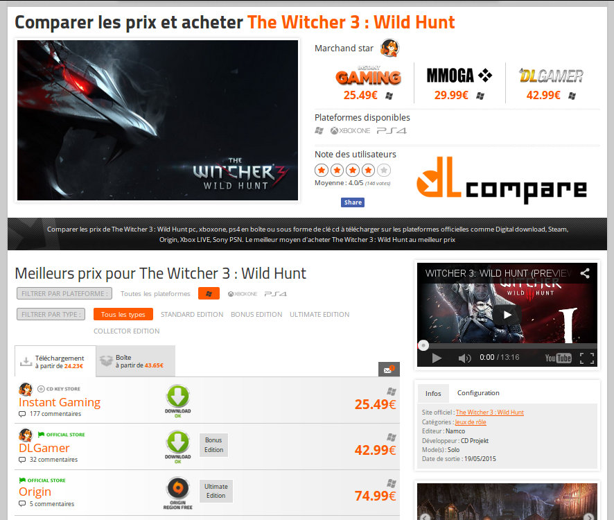 The Witcher 3: Wild Hunt chez DL Compare
