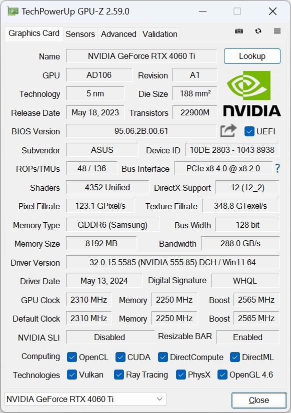 asus rtx 4060 ti dual ssd gpuz