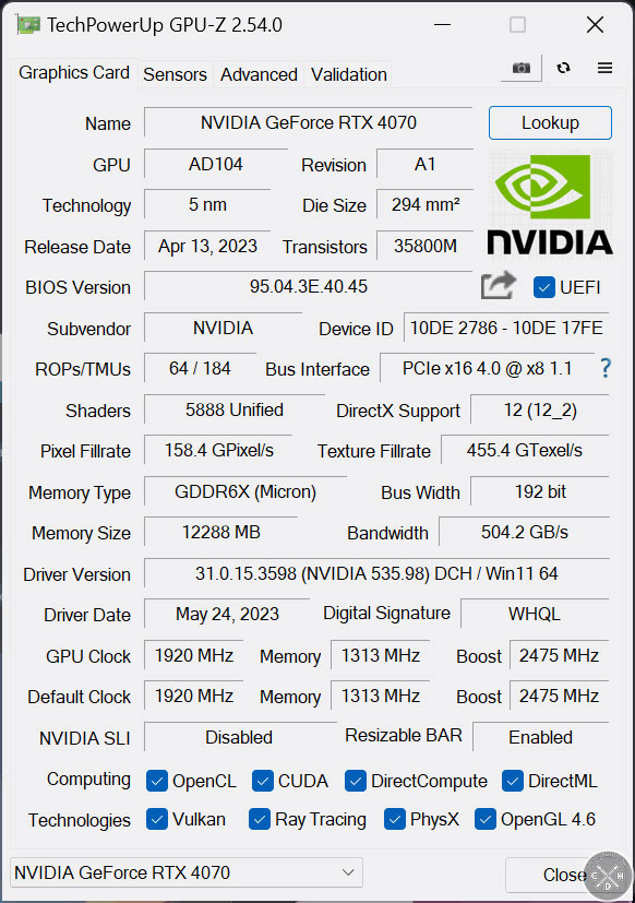 4070 twin x2 gpuz specs