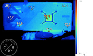 Image thermique de l'Asus ROG Strix RTX 4070 Ti Gaming au repos [cliquer pour agrandir]