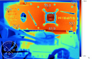 Image thermique de la MSI RTX 4080 SUPRIM X en charge [cliquer pour agrandir]