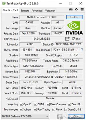 asus tuf gaming rtx 3070 - données GPU-Z : mode performance [cliquer pour agrandir]