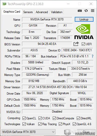 asus tuf gaming rtx 3070 - données GPU-Z : mode silence