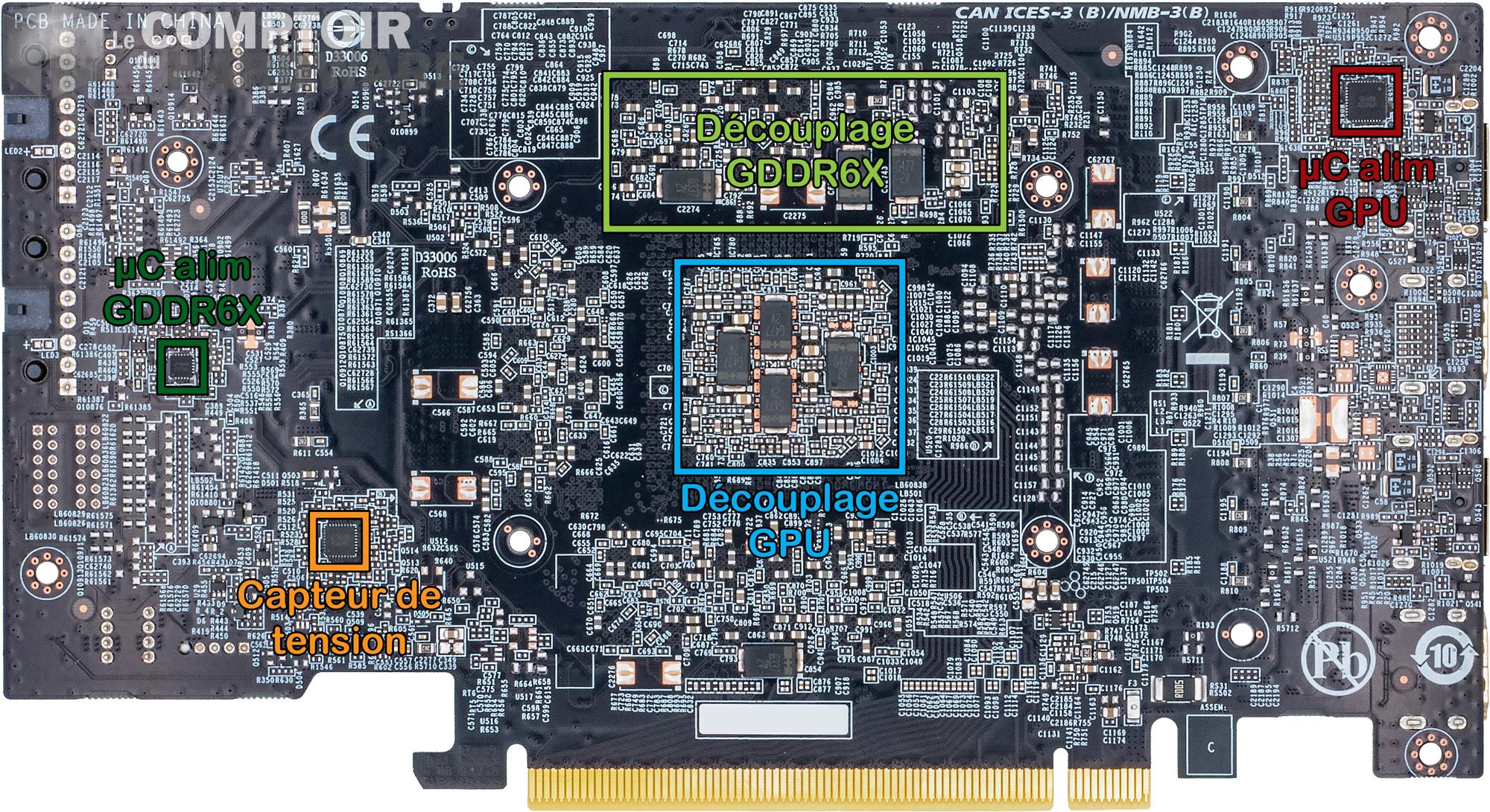 gigabyte rtx 3070 ti gaming oc - vue détaillée du pcb : face arrière