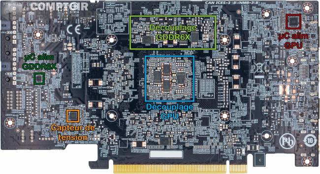 gigabyte rtx 3070 ti gaming oc - vue détaillée du pcb : face arrière [cliquer pour agrandir]