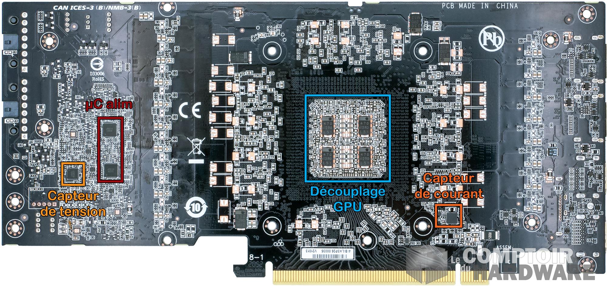 gigabyte rtx 3080 ti eagle - vue détaillée du pcb : face arrière