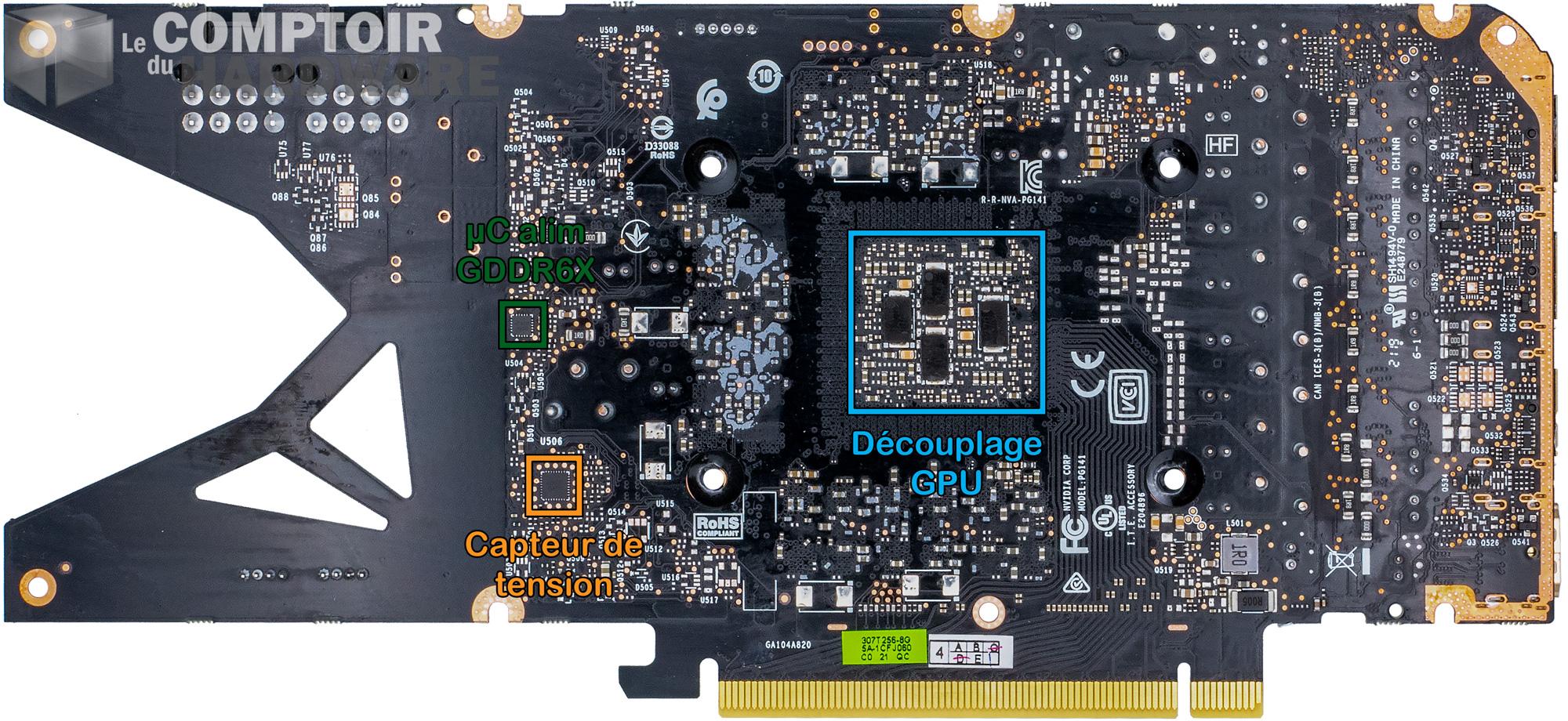 inno3D rtx 3070 ti x3 OC - vue détaillée du PCB : face arrière