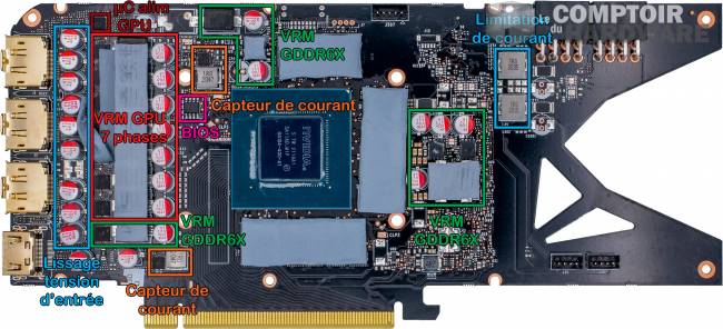 inno3D rtx 3070 ti x3 OC - vue détaillée du PCB : face avant [cliquer pour agrandir]