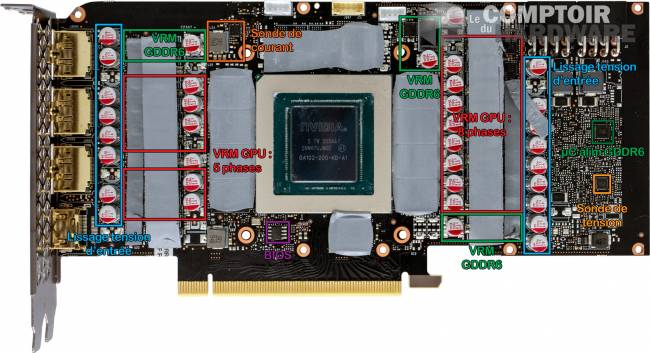 inno3d rtx 3080 ichill x3 - vue détaillée du PCB : face avant [cliquer pour agrandir]