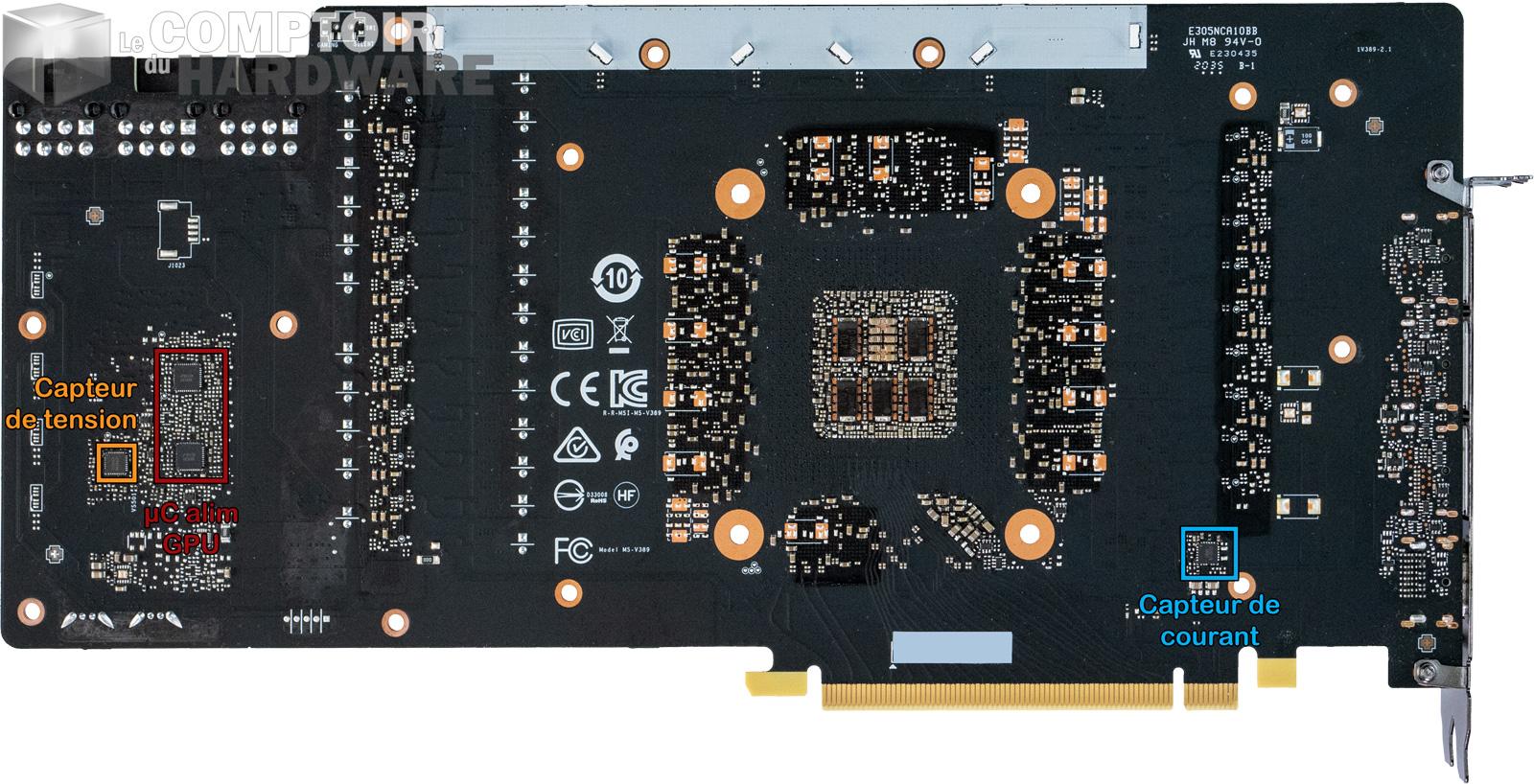 msi rtx 3080 gaming x trio - vue détaillée du PCB : face arrière