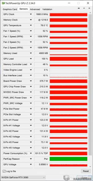 msi rtx 3090 gaming x trio - sondes gpu-z en charge [cliquer pour agrandir]