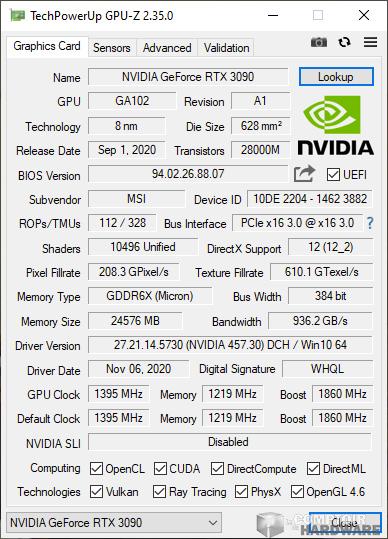 msi rtx 3090 suprim x - gpuz du BIOS en mode gaming
