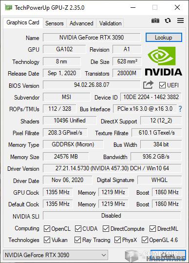 msi rtx 3090 suprim x - gpuz du BIOS en mode gaming