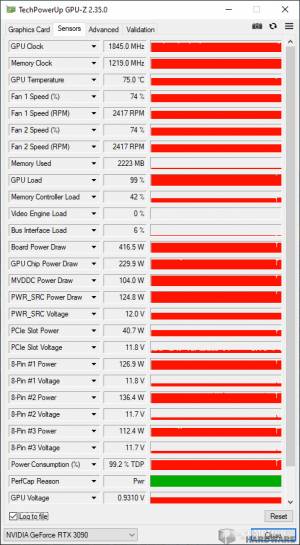 msi rtx 3090 suprim x - sondes gpu-z en mode gaming [cliquer pour agrandir]