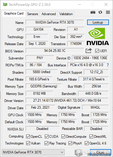 pny rtx 3070 xlr8 gaming revel epic-x - gpu-z