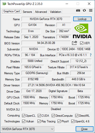 GPU-Z GeForce RTX 3070 Founders Edition