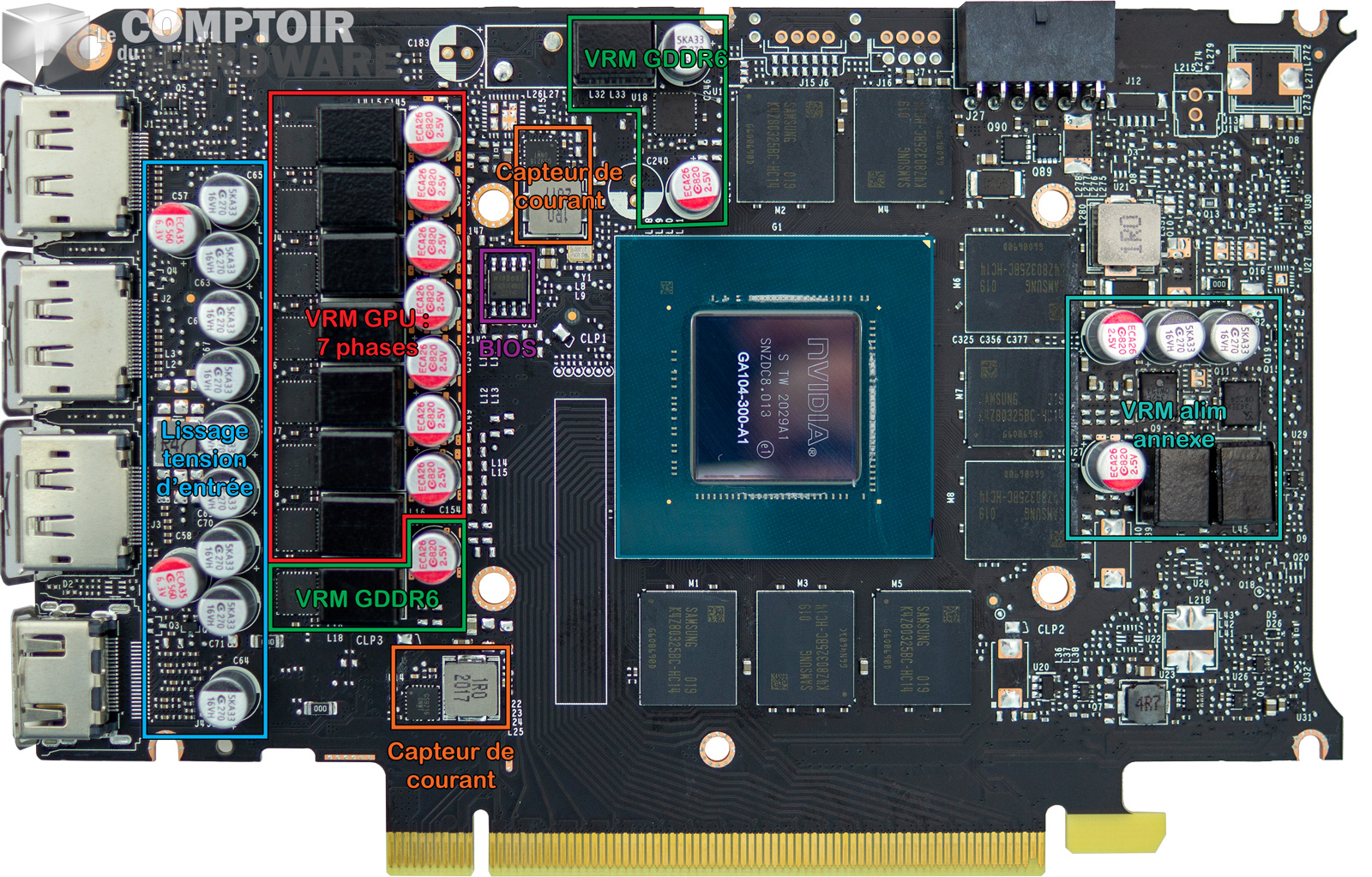 Le PCB de la RTX 3070 FE : face avant