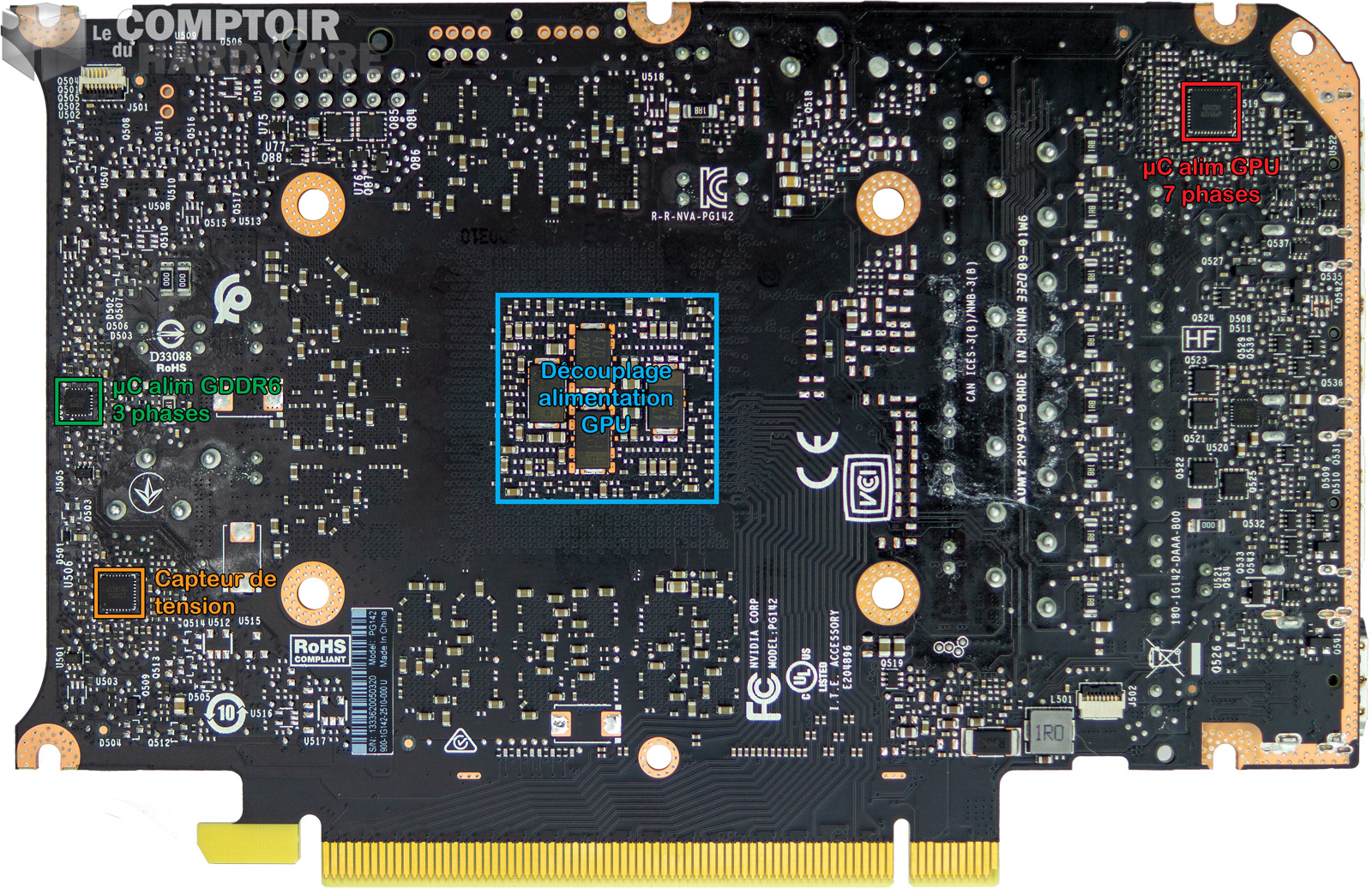 Le PCB de la RTX 3070 FE : face arrière