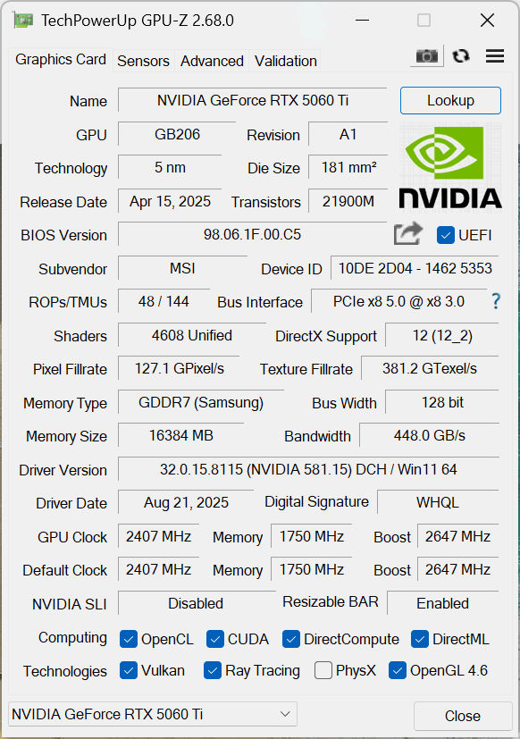 msi rtx 5060ti 16g gaming trio oc gpuz