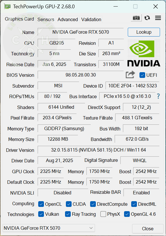 msi rtx 5070 12g inspire 3x oc gpuz