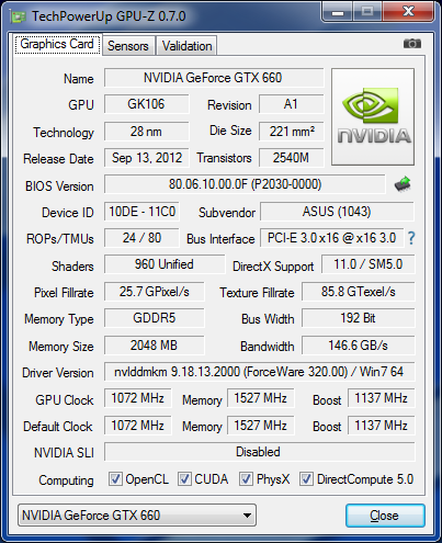 GPU-Z Asus GTX 660 Direct CU II TOP