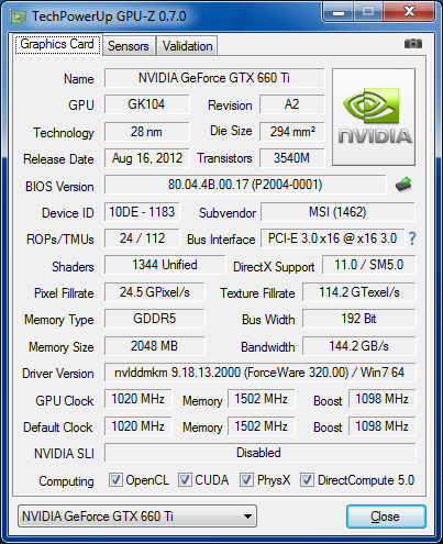 GPU-Z MSI N660 Ti Power Edition