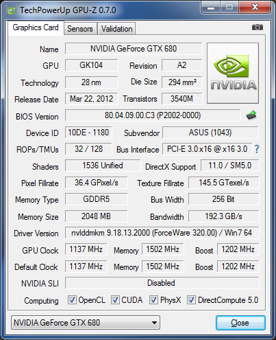 GPU-Z Asus GTX 680 Direct CU II TOP