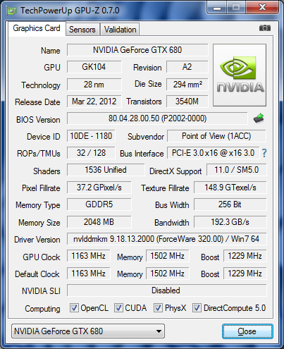 GPU-Z Point Of View GTX 680 TGT Beast