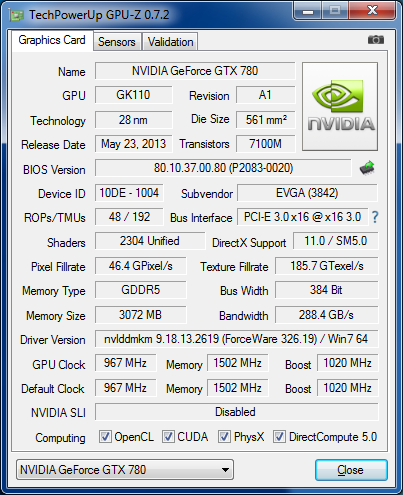 GPU-Z eVGA GTX 780 SC ACX